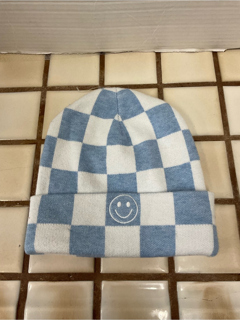 Blue & White Checker Smiley Beanie